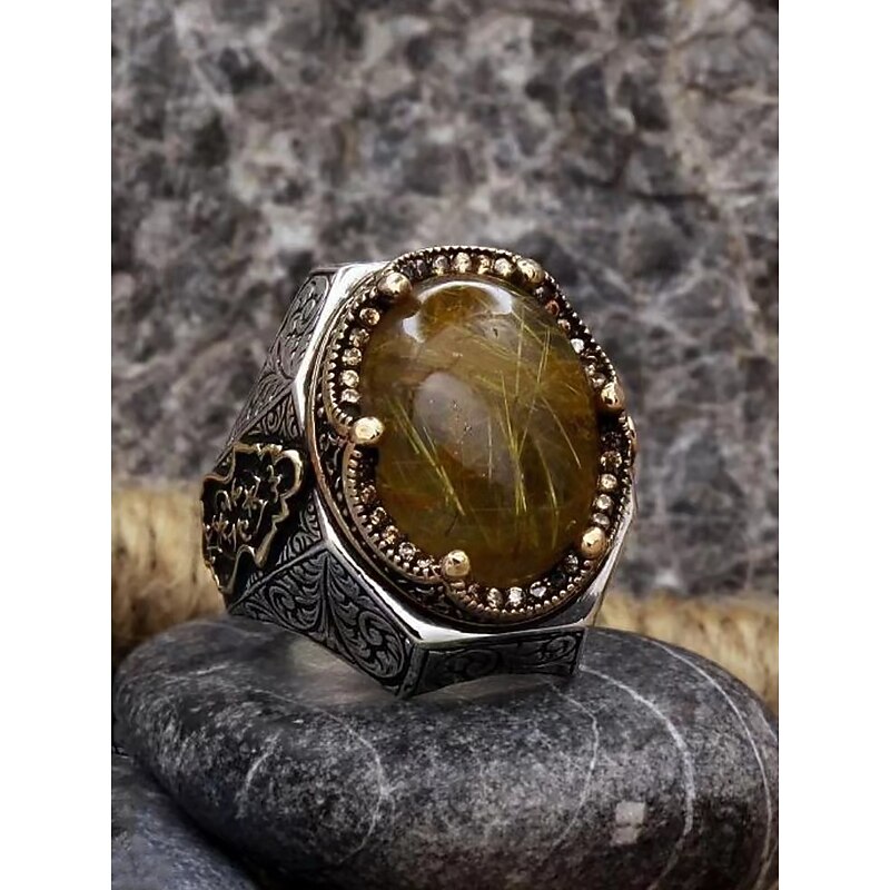 Men's Vintage Crystal Statement Ring – Adjustable Open Band Silver-Plated Jewelry with Carved Design for Fashion, Parties and Gifts4