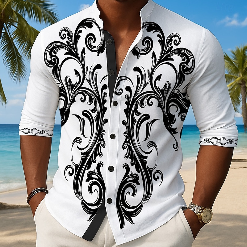 Men's Paisley Floral Print Flowers Shirt Button Up Shirt Stand Collar Shirt Long Sleeve Ethnic Vintage Retro Outdoor Vacation Daily Spring Fall Mandarin Collar Band Collar 3D Print Linen Like Shirt