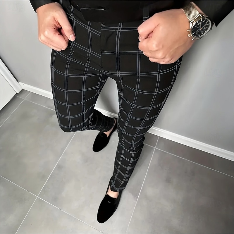 Men's Geometric Grid / Plaid Dress Pants Trousers Suit Pants Mid Waist Business Casual Formal Dailywear Slim Fit Pants with Pockets Spring Fall 3D Print Black White