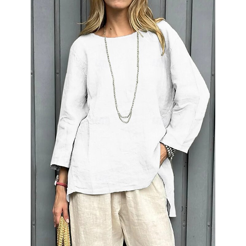 Women's Blouse Solid Color Vintage Casual Boho Long Sleeve Round Neck Regular Tops Daily Weekend Patchwork White Yellow Red Sky Blue Khaki Spring, Fall, Winter, Summer4
