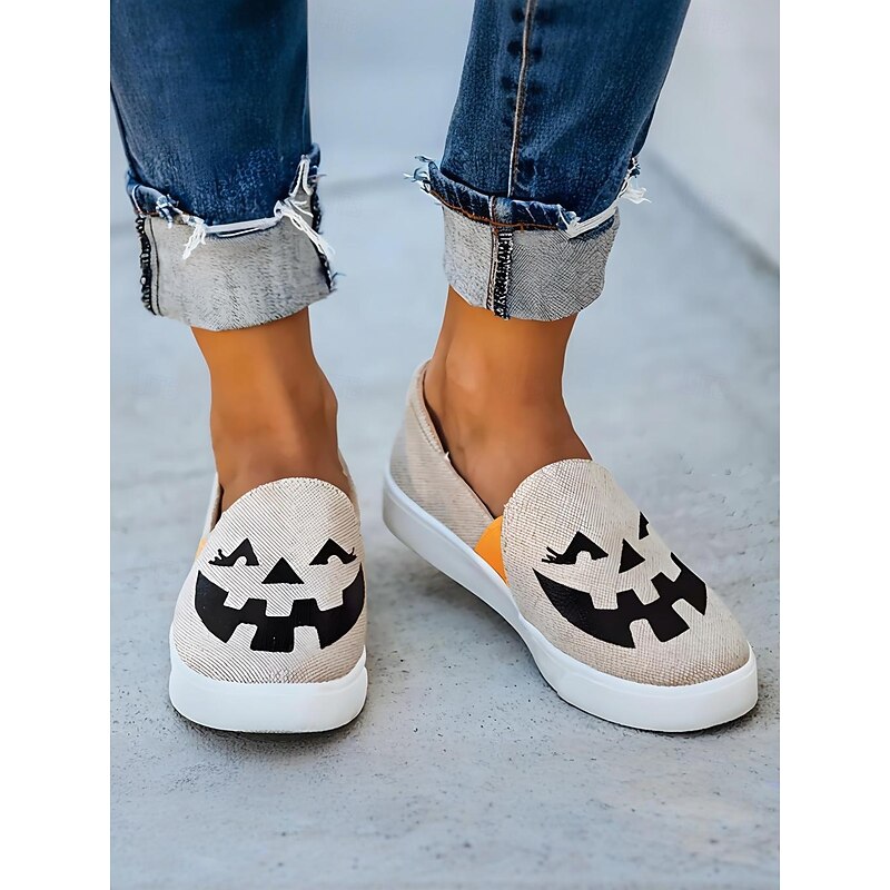 Women's Halloween Pumpkin Slip-On Shoes - Comfortable Canvas Sneakers with Jack-O'-Lantern Print, Perfect for Casual Wear and Halloween Parties