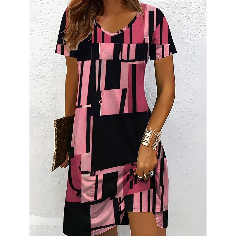 Women's Mini Dress Knit Dress Casual Dress T Shirt Dress Tee Dress Sundress Vacation Casual Regular Fit Graphic Geometric Short Sleeve V Neck Black And White Yellow Pink Blue Summer Spring4
