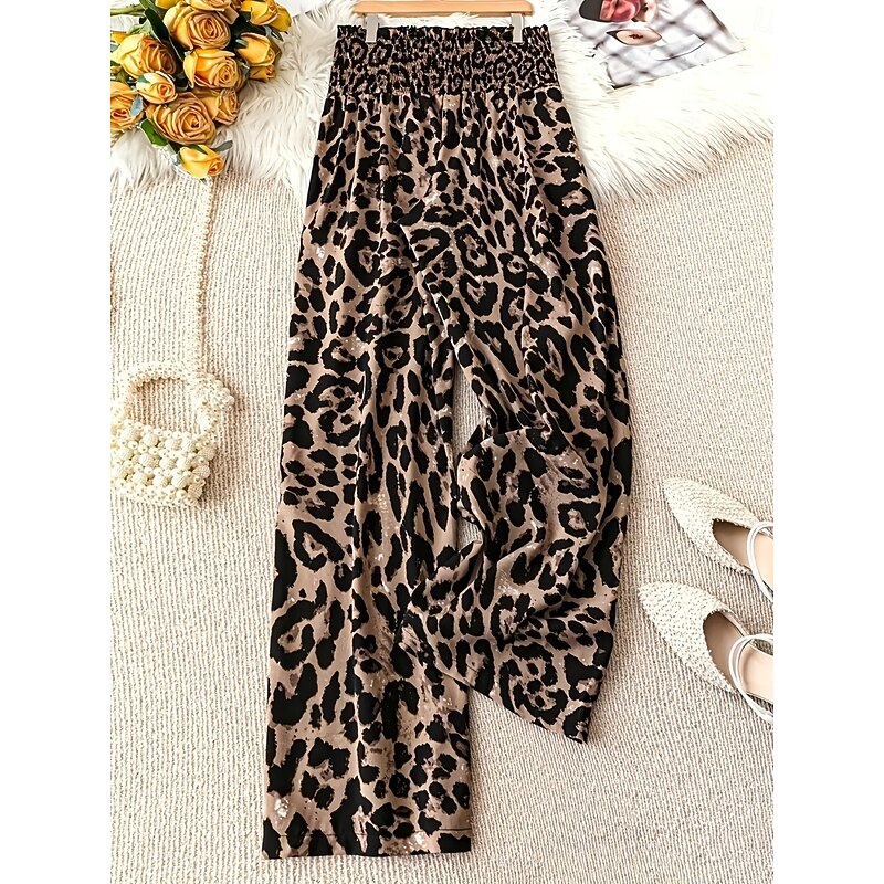 Women's Wide Leg Pants Trousers Streetwear Casual Long High Waist Leopard Printing Elastic Drawstring Design Breathability Soft Micro-elastic Vacation Street Daily Wear Yellow Coffee Gray Summer2