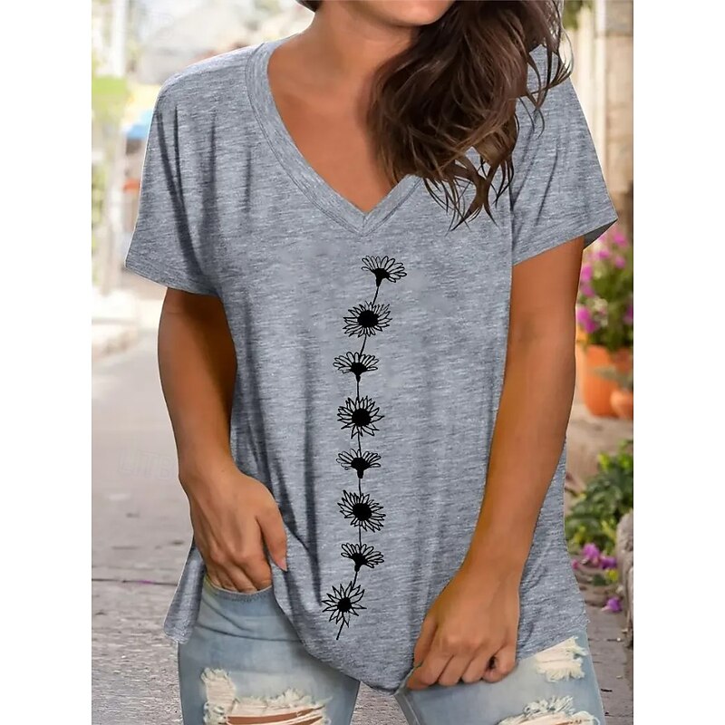 Women's T Shirt Floral Graphic Plants Bohemia Vintage Stylish Short Sleeve V Neck Regular Tops Daily Going out Weekend Print Black White Gray Summer Spring3