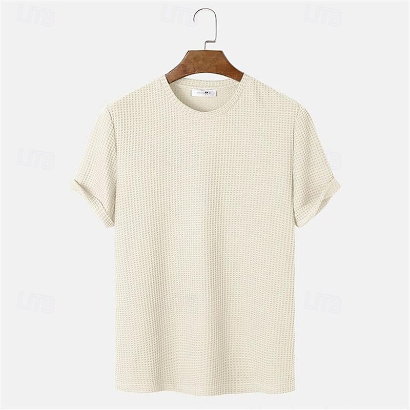 Men's Waffle Tee T Shirt Tee Short Sleeve Shirt Short Sleeve Crew Neck Summer Plain Fashion Designer Basic Jacquard Vacation Street Going out Blue Camel Beige Top Tee for Men4
