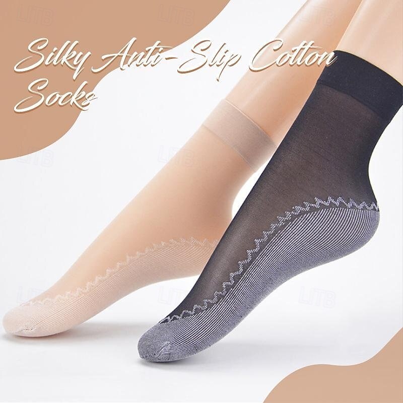 5 Pairs Silky Anti-Slip Cotton Socks Sheer Crystal Short Summer Stockings for Women Breathable Thin Nylon with Soft Sole Comfortable Invisible Nude Ankle Socks