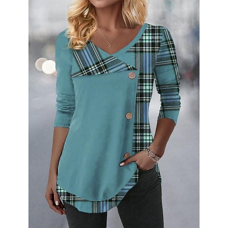 Women's Blouse Tunic V Neck Long Sleeve Buttons Plaid Stylish Casual Regular Tops Daily Print Pink Blue Purple Green Spring Fall Prefall2