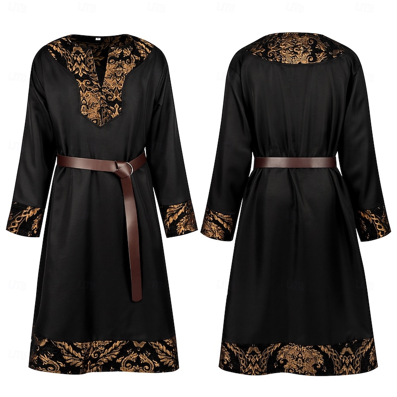 Retro Vintage Rockabilly Shirt Tunic Warrior Knight Ritter Viking Floral Jacquard Fancy Dress Men's Celtic Halloween Carnival Performance Party LARP Adults Coat Belt2