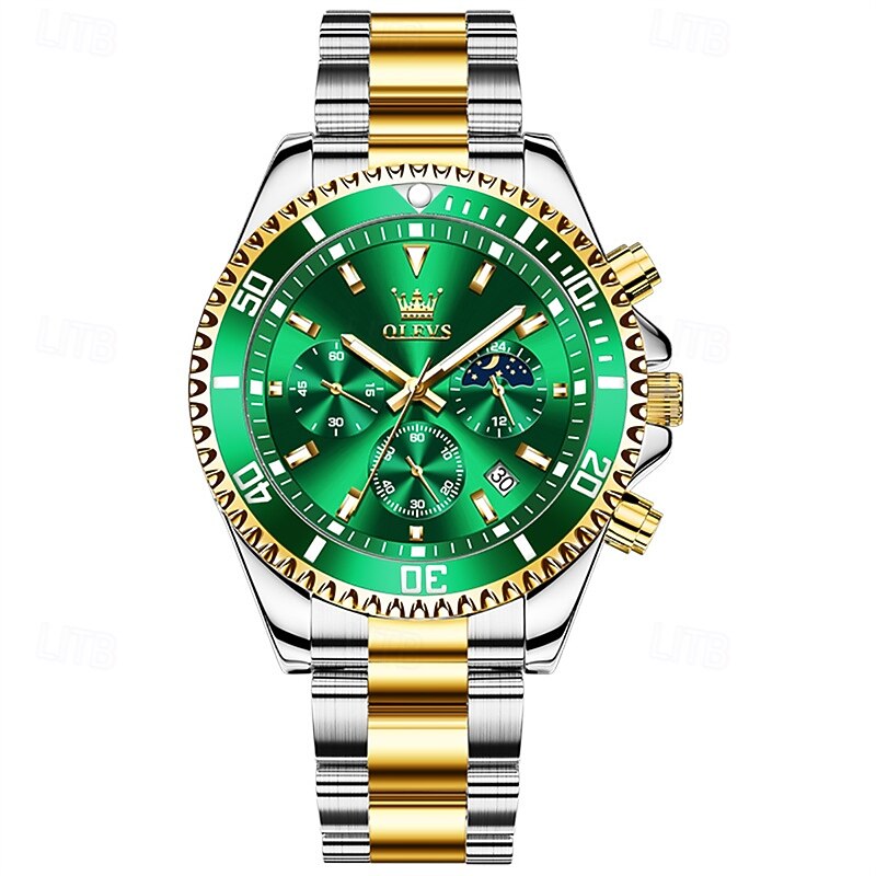 The New Olevs Stainless Steel Bracelet Men'S Business Watch Moon Phase Chronograph Calendar Green Submariner Quartz Watch Is A Waterproof Fashionable And Trendy Men'S Casual Sports Wristwatch2
