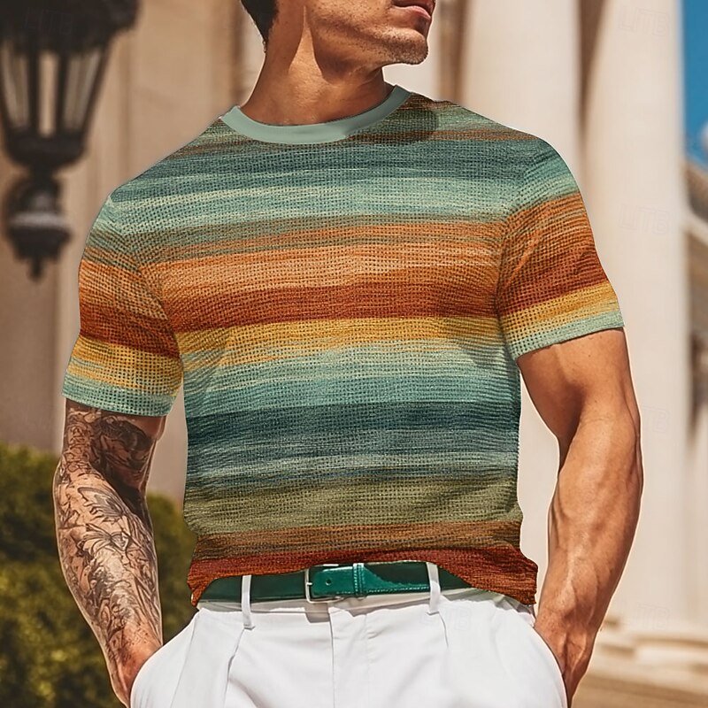 Men's Geometric Horizontal Stripes Waffle Shirt Short Sleeve T shirt 3D Print Crew Neck Shirt Fashion Casual Comfortable Street Casual Daily Yellow Blue Brown Summer Spring Clothing Apparel S M L XL