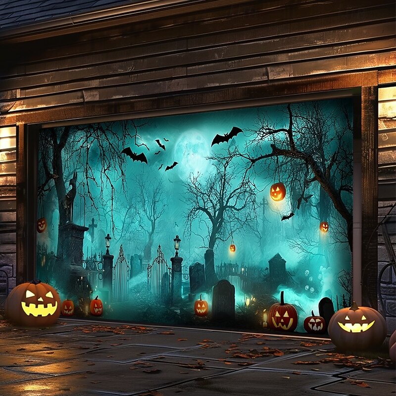 Halloween Garage Door Cover – Haunted Graveyard with Ghosts & Full Moon, Spooky Outdoor Decoration for 2025 Halloween Home Front Yard3