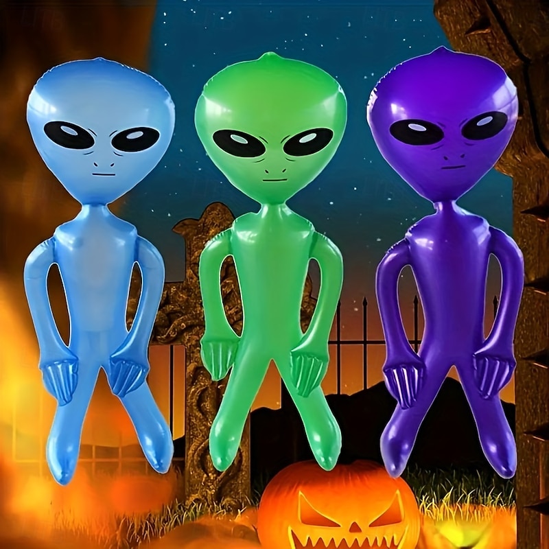 3pcs Colorful Alien Inflatable Figures  Festive Halloween Party Decorations with Pumpkins Spider Webs & Lanterns 85cm/33.5inch - Perfect for Spooky Celebrations Durable Plastic3