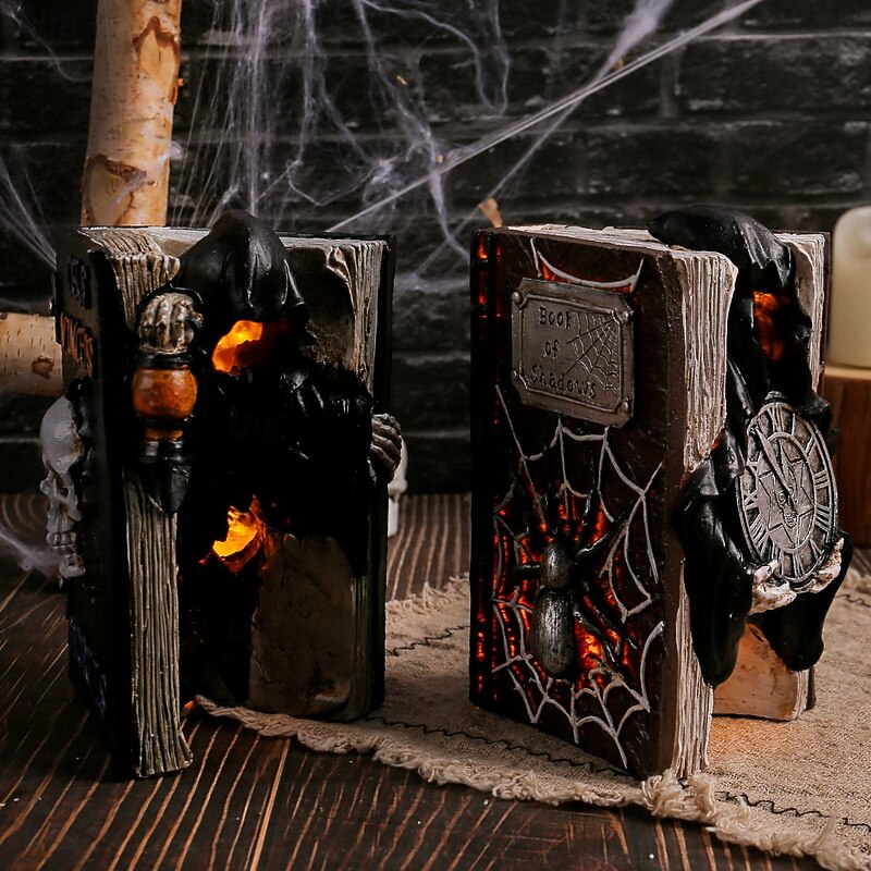 1 Pc Halloween Resin Ghost Spider Skull Book Light Model Decoration Home Halloween Skull Fake Book Horror Party Decoration Props4