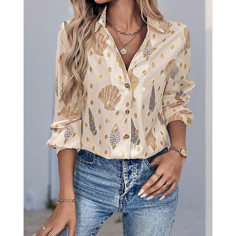 Women's Shirt Print Stylish Modern Long Sleeve Shirt Collar Regular Tops Daily Holiday Going out Buttons Apricot Spring Fall4