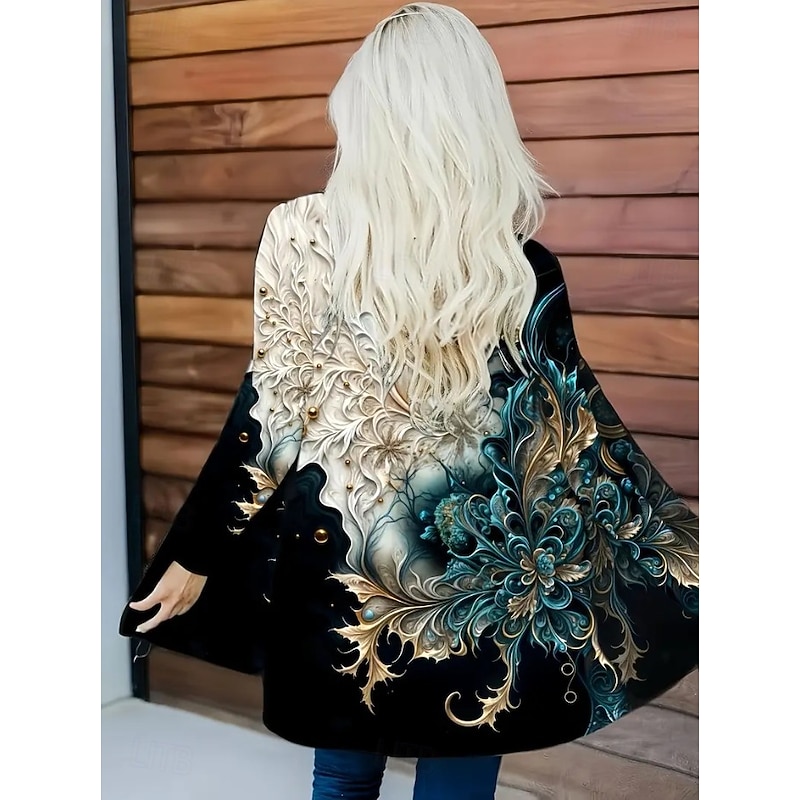 Women's Trench Coat Lightweight Comfortable Print Active Vintage Artistic Casual Color Gradient Casual Long Collarless Loose Fit Long Sleeve Outerwear Black Blue Purple Spring Fall4