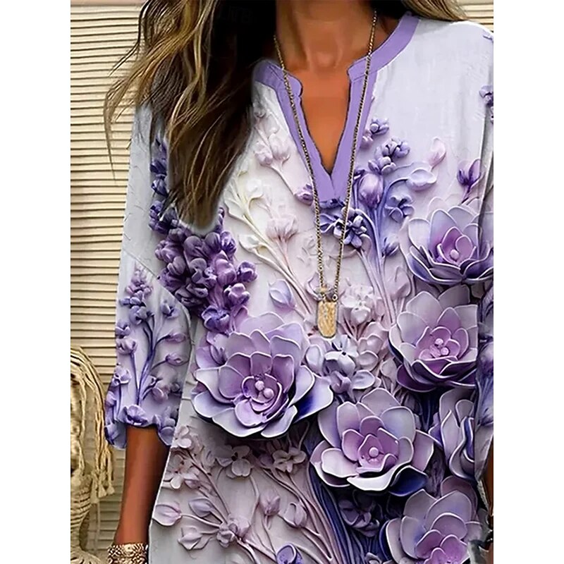 Women's Blouse Tunic V Neck Long Sleeve Boho Casual Floral Graphic Vintage Daily Stylish Notched Neck Regular Tops Daily Print Light Purple Fall2