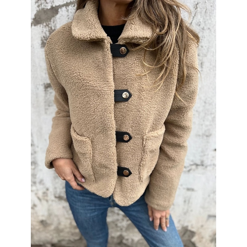 Women's Sherpa Jacket Warm Comfortable Pocket Faux Fur Trim Fashion Daily Plain Outdoor Casual Daily Single Breasted Regular Lapel Regular Fit Long Sleeve Outerwear Black Khaki Gray Spring Fall