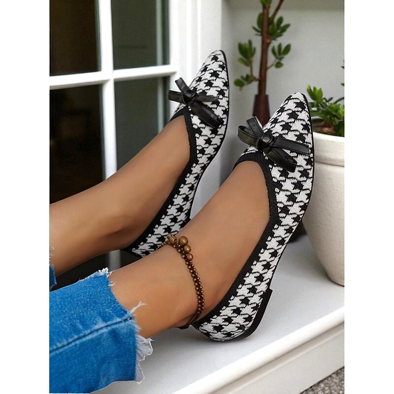 Women's Houndstooth Knit Pointed Toe Flats – Elegant Bow Detail Slip-On Loafers for Casual, Office, and Weekend Wear4