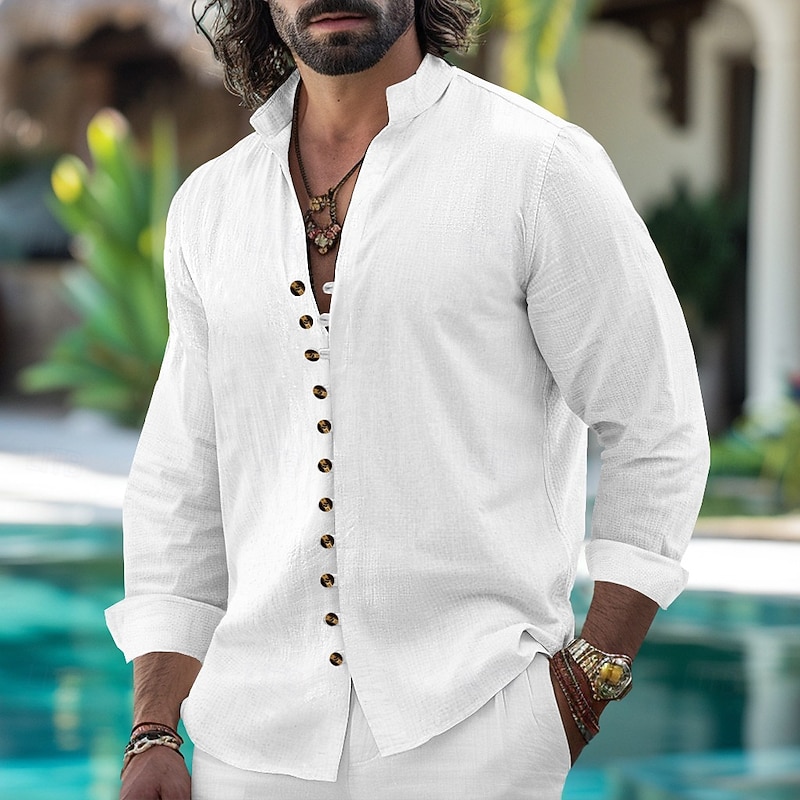 Men's Shirt Linen Shirt Summer Shirt Casual Shirt Button Up Shirt Plain Vacation Curise Black White Pink Sky Blue Long Sleeve Band Collar Spring &  Fall Clothing Apparel Buttons