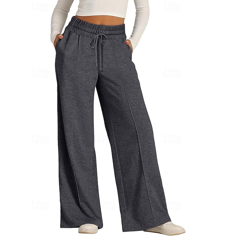 Women's Wide Leg Slacks Streetwear Casual Full Length Natural Plain Pocket Elastic Drawstring Design Comfortable Street Daily Wear Weekend Dark-Gray Apricot Dark Brown Black Fall Regular Fit