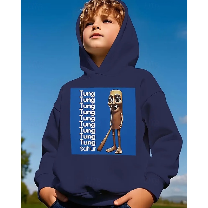 Boys' Casual Hoodie with TUNG TUNG TUNG SAUR Funny Abstract Print Long Sleeve Spring Fall Fashion Streetwear Kids 4-12 Years Hooded Outdoor Casual Daily Regular Fit
