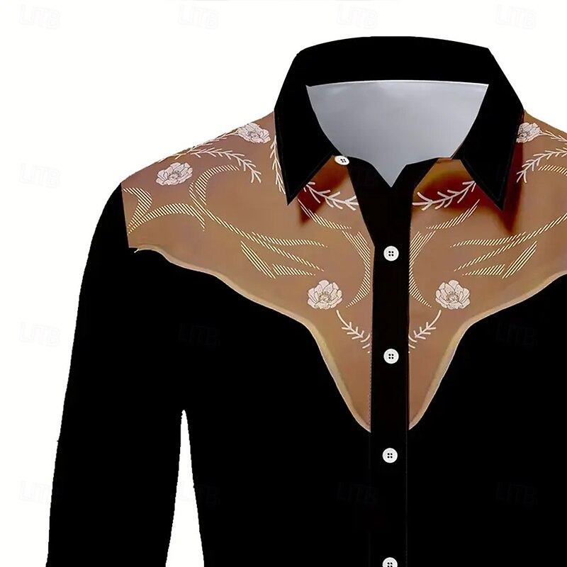 Men's Floral Print Flowers Western Shirt Button Up Shirt Cowboy Shirt Long Sleeve Western Vintage Retro Outdoor Casual Summer Spring Fall Turndown 3D Print Collared Shirts Brown Khaki Gray3