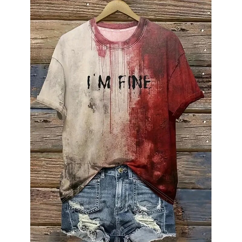 Halloween Women's T Shirt Bloodstain Graphic Stylish Casual Short Sleeve Round Neck Regular Tops Daily Weekend Print White Wine Red Summer Spring3