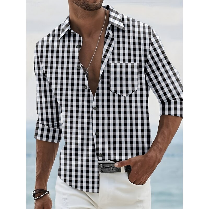 Men's Summer Shirt Casual Shirt Beach Shirt Button Up Shirt Black Yellow Pink Red Sky Blue Long Sleeve Plaid / Check Lapel Vacation Hawaiian Button-Down Clothing Apparel Polyester Fashion Casual4