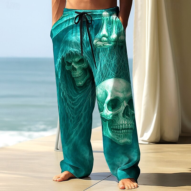Men's Trousers Baggy Pants Casual Pants Elastic Drawstring Waist Linen-Like Pants with Pockets Skull Skeleton Halloween Costumes Full Length Outdoor Holiday Dark Gothic Style Black Blue Inelastic2
