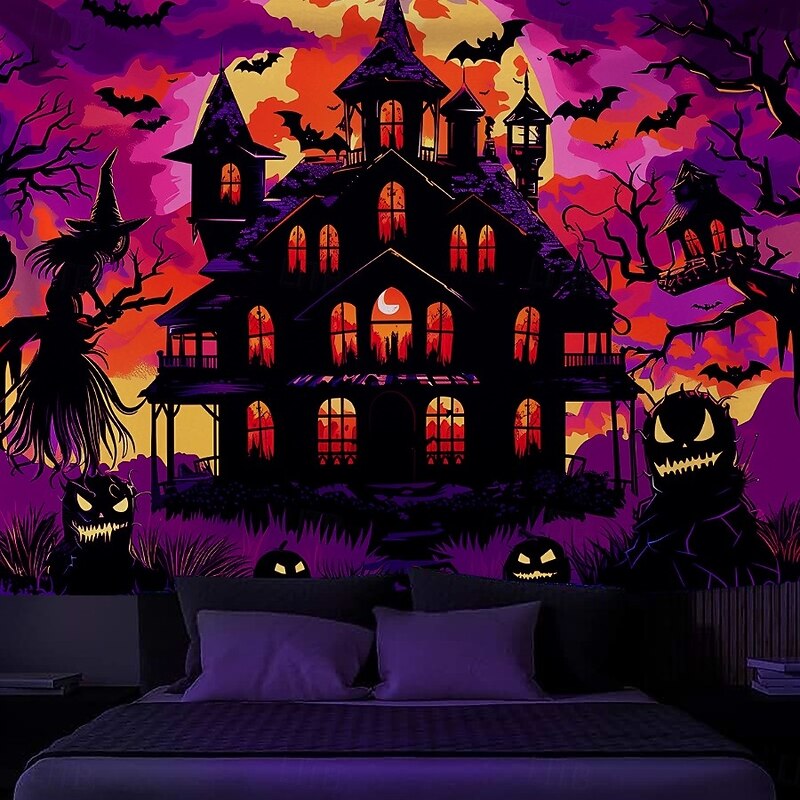 Halloween Blacklight Wall Tapestry – UV Reactive Haunted House with Glowing Windows, Neon Colors Spooky Graveyard Scene, Glow in the Dark Gothic Backdrop for 2025 Halloween Party Decoration