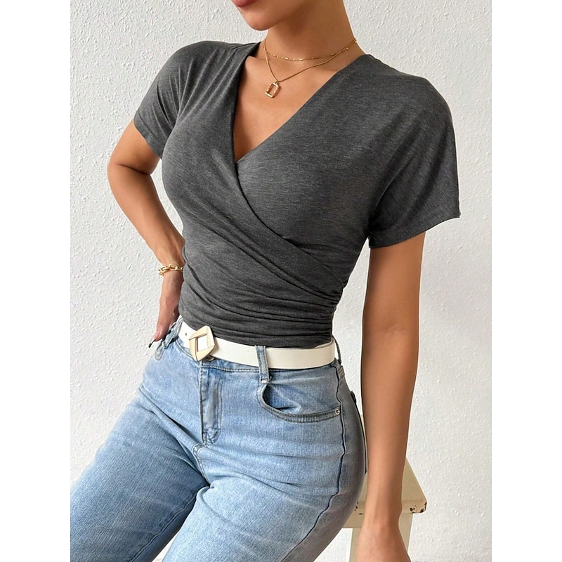 Women's Summer Tops Plain Stylish Modern Short Sleeve V Neck Regular Tops Daily Holiday Ruched Blue Gray Summer4