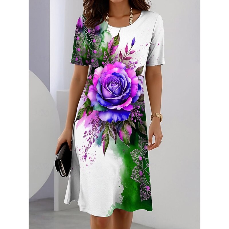 Women's Elegant Party Evening Midi Dress Crew Neck Short Sleeve Shift Dress Summer Dress Casual Daily Regular Fit Floral Graphic Blue Purple Green Summer Spring2