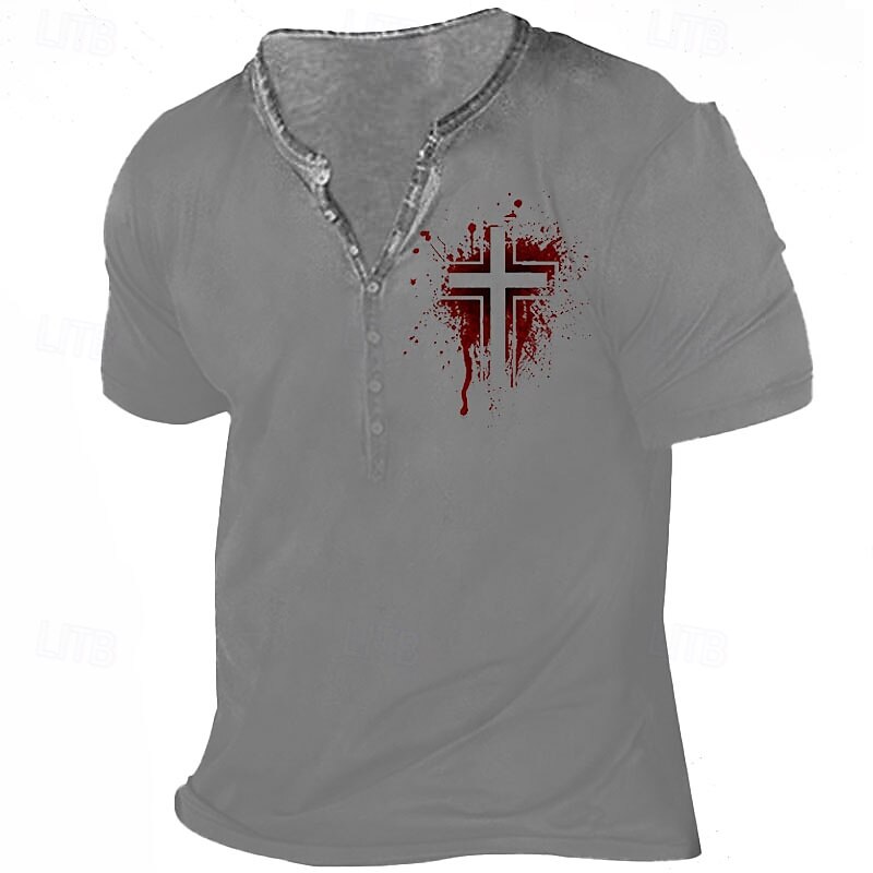 Men's Cross T Shirt Short Sleeve 3D Print Vintage Daily Summer Spring Fall Brown Gray Henley Collar Henley T-Shirt2