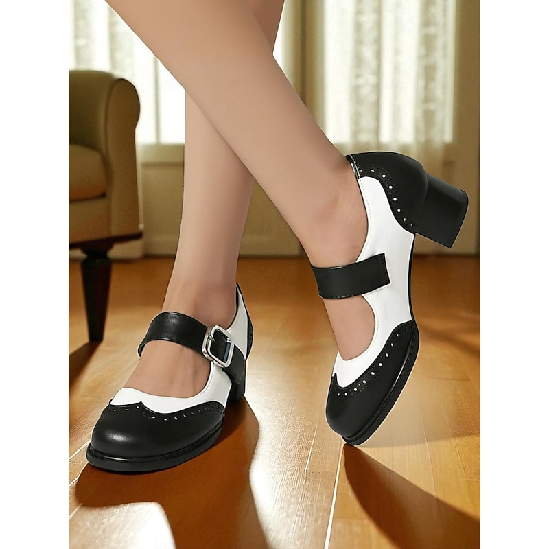 Women's Red and Black Mary Jane Brogue Flats – Faux Leather Retro School Shoes with Adjustable Buckle for 1960s-Inspired Outfits, Costumes, and Daily Wear3