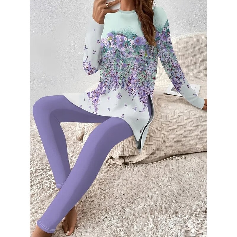 Women's Pajama Set Loungewear Round Neck Long Sleeve Casual Fashion Pants Sets Floral Graphic Print Daily White Grape Purple Regular Fit2