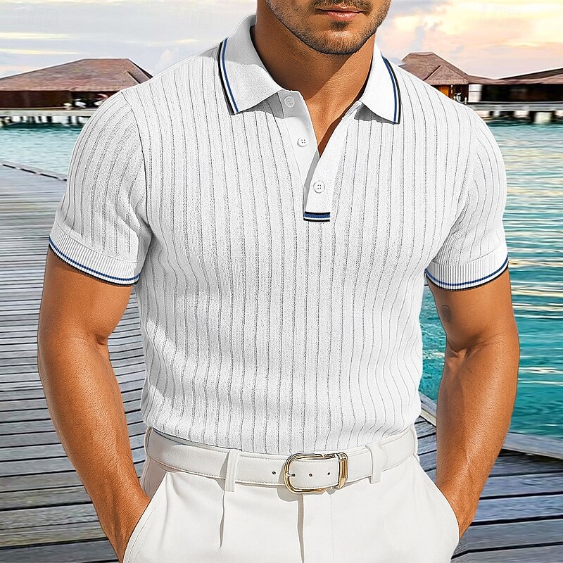 Men's Muscle Shirt Golf Shirt Work Casual Lapel Ribbed Polo Collar Short Sleeve Basic Modern Color Block Patchwork Buttons Spring & Summer Slim Fit White Blue Green Grey Muscle Shirt