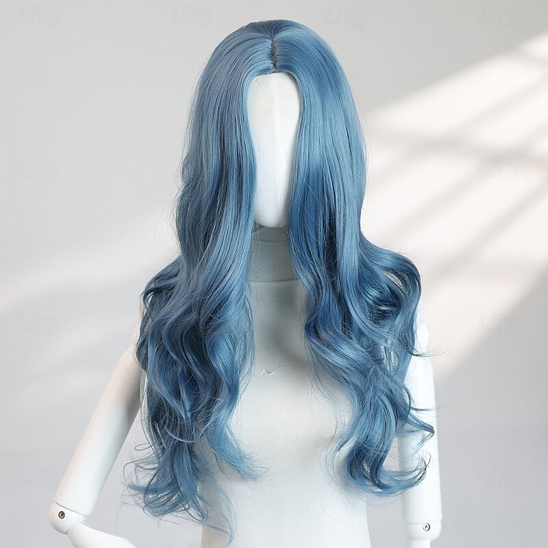 Women's 22″ Blue Wavy No‑Bangs Halloween Wig – Long Heat‑Resistant Synthetic Hair for Costume Parties & Photo Shoots2