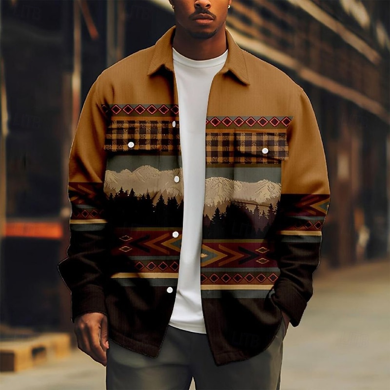 Men's Aztec Ethnic Corduroy Shirt Shacket Shirt Jacket Long Sleeve Vintage Retro Outdoor Dailywear Fall Winter Turndown Button-Down Warm Jacket with Flap Pockets Brown Khaki