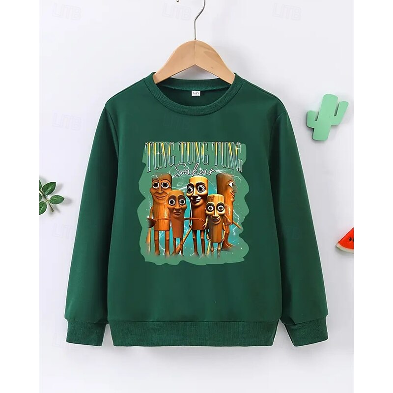 Boys' Long Sleeve Italian Brain Rot Element TUNG TUNG TUNG SAHUR Print Spring Fall Fashion Basic Kids 4-12 Years Crew Neck Outdoor Casual Daily Regular Fit4