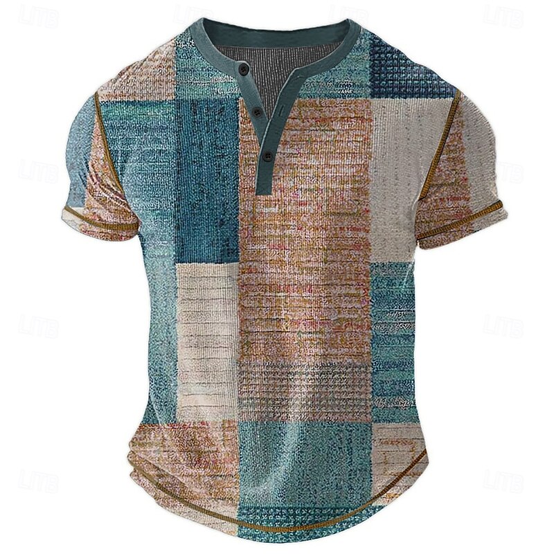 Men's Geometric Henley Shirt Waffle T Shirt Short Sleeve Daily Retro Vintage Classic Sports Outdoor Casual Holiday Spring & Summer All Seasons Dark Brown Green Blue Khaki Henley Henley T-Shirt4