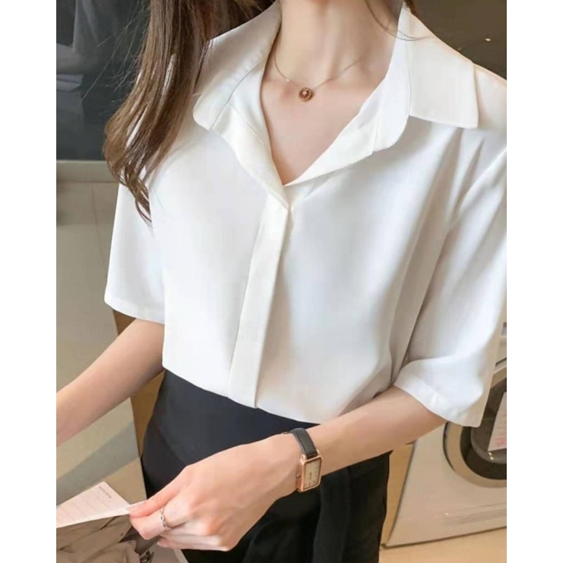 Women's Shirt Texture Blouse Plain Daily Stylish Basic Short Sleeve Shirt Collar Regular Tops Work Daily Holiday Buttons Black White Spring Fall2