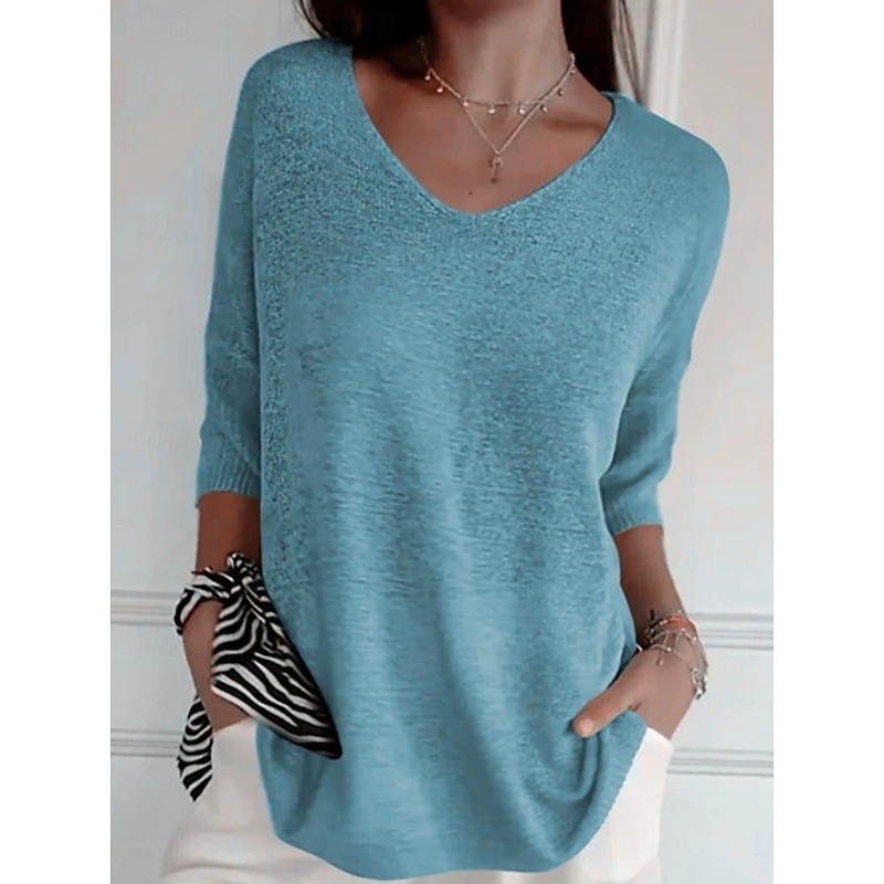 Women's Sweater Basic Casual Soft Solid Color Ribbed V Neck Knitted Long Sleeve Regular Tops Knit Outdoor Daily Weekend Blue Orange Spring Fall4