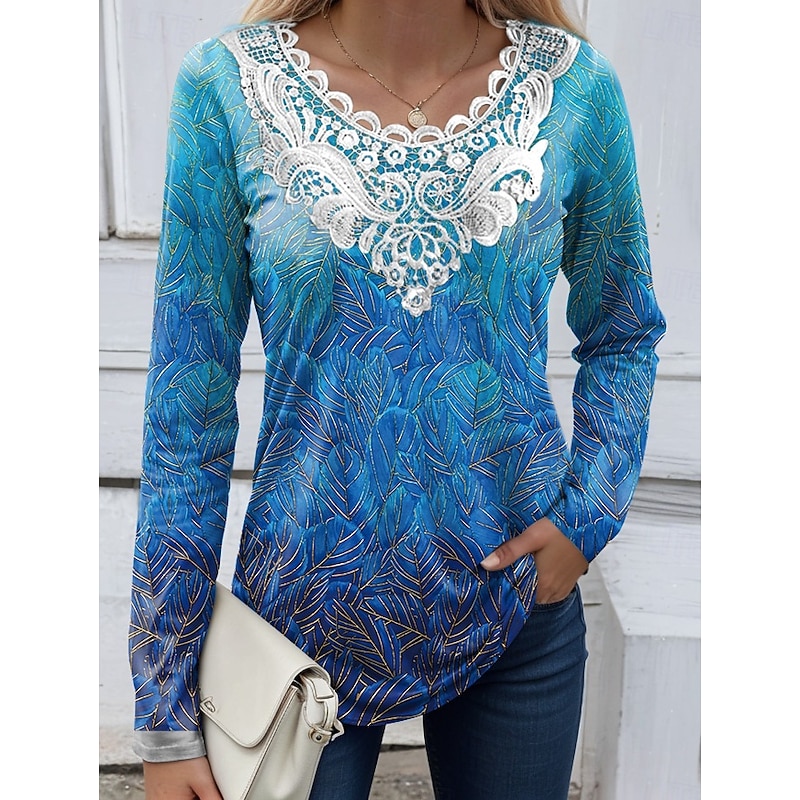 Women's Blouse Tunic Lace Splicing V Neck Long Sleeve Floral Graphic Plants Vintage Crew Neck Tops Daily Going out Weekend Lace Patchwork Print White Yellow Blue Sky Blue Purple Spring Fall Prefall2