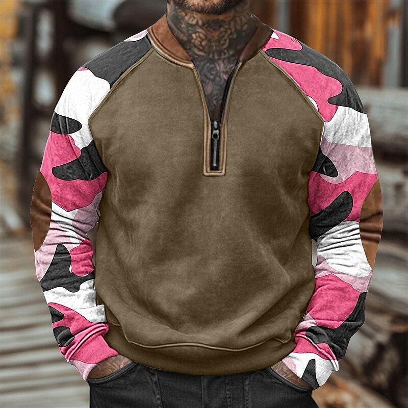 Men's Sweatshirt Quarter Zip Sweatshirt Red Navy Blue Blue Brown Green Half Zip Color Block Camo / Camouflage Half Zip Print Casual Daily Holiday Polyester Vintage Streetwear Casual Fall Winter4