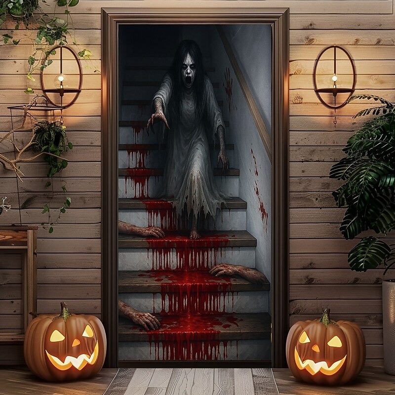 2025 Halloween Door Cover – Bloody Stairs Horror Scene, Haunted House Entrance Banner, Gruesome Outdoor & Indoor 2025 Halloween Decoration for Bedroom, Living Room, Bathroom4