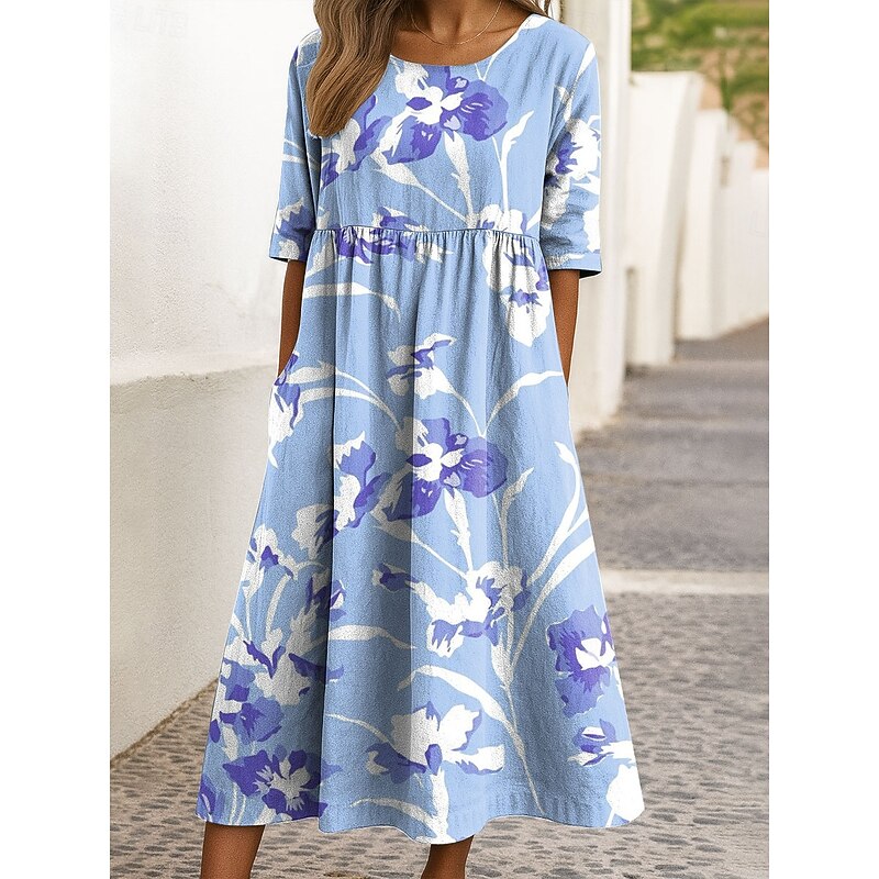 Women's Midi Dress Casual Dress A Line Dress Summer Dress Vacation Casual Holiday Loose Fit Floral Graphic Half Sleeve Crew Neck Yellow Pink Blue Green Summer Spring