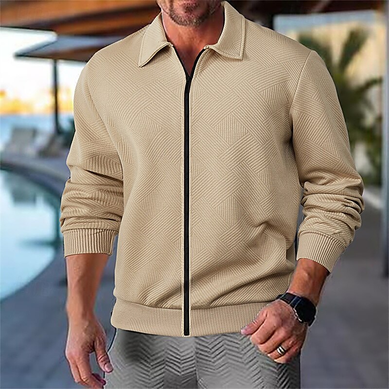 Men's Lightweight Jacket Casual Jacket Vacation Daily Breathable Pocket Jacquard Spring Fall Plain Fashion Classic Lapel Regular Black White Navy Blue Khaki Light Grey Jacket
