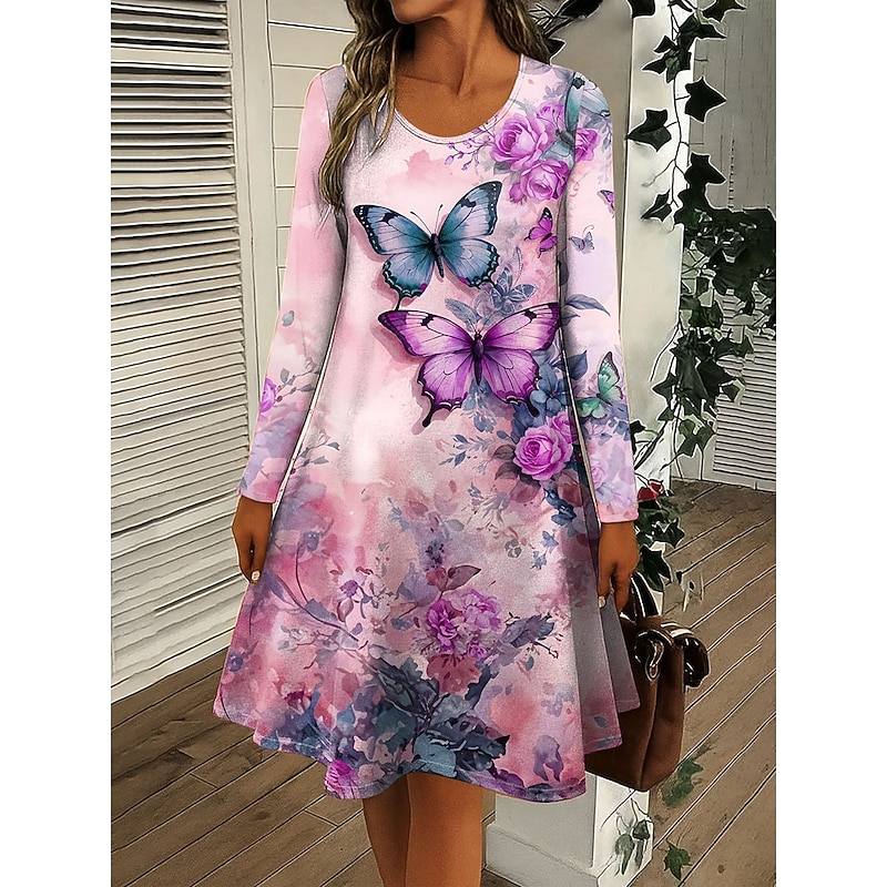 Women's Mini Dress Crew Neck Long Sleeve Casual Dress T Shirt Dress Tee Dress A Line Dress Casual Regular Fit Floral Graphic Butterfly Pink Blue Orange Green Spring Fall Winter
