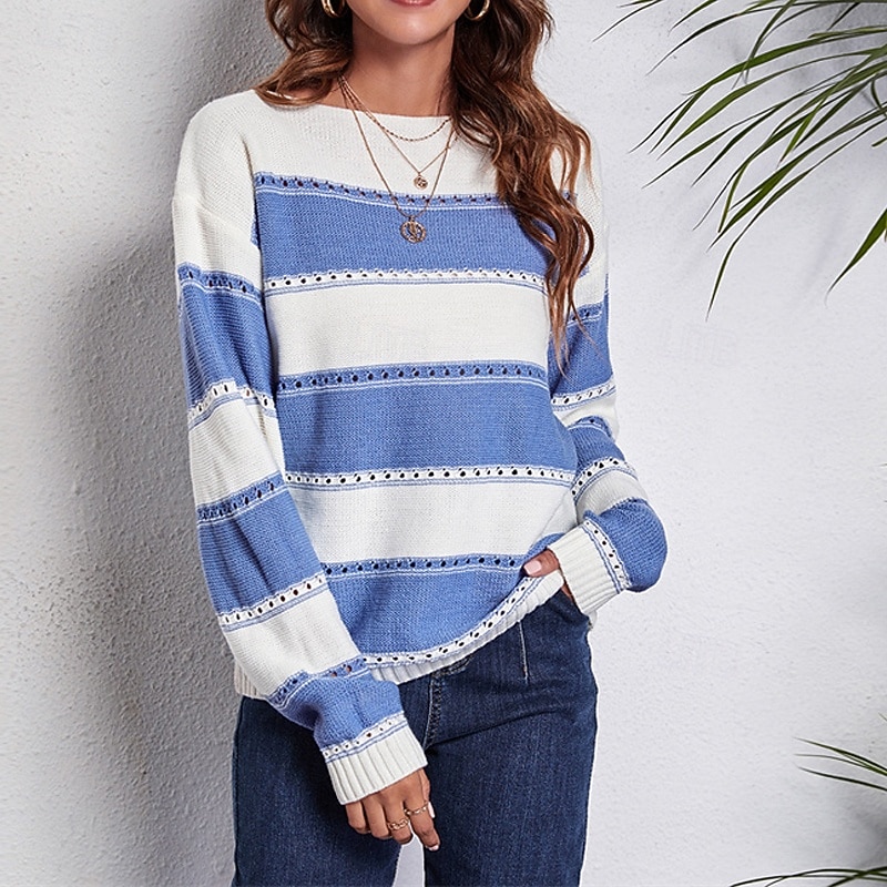 Women's Pullover Casual Striped Chunky Off Shoulder Knitted Long Sleeve Regular Tops Knit Daily Holiday Going out Black Pink Fall Winter3