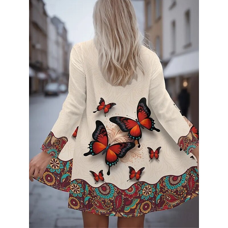 Women's Coat Warm Lightweight Print Fashion Butterfly Casual Regular Collarless Regular Fit Long Sleeve Outerwear Black White Beige Spring Fall4
